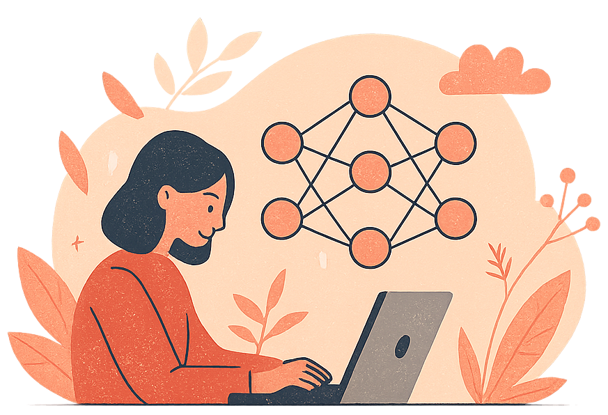 Illustration of a person working on a laptop with AI neural network visualization